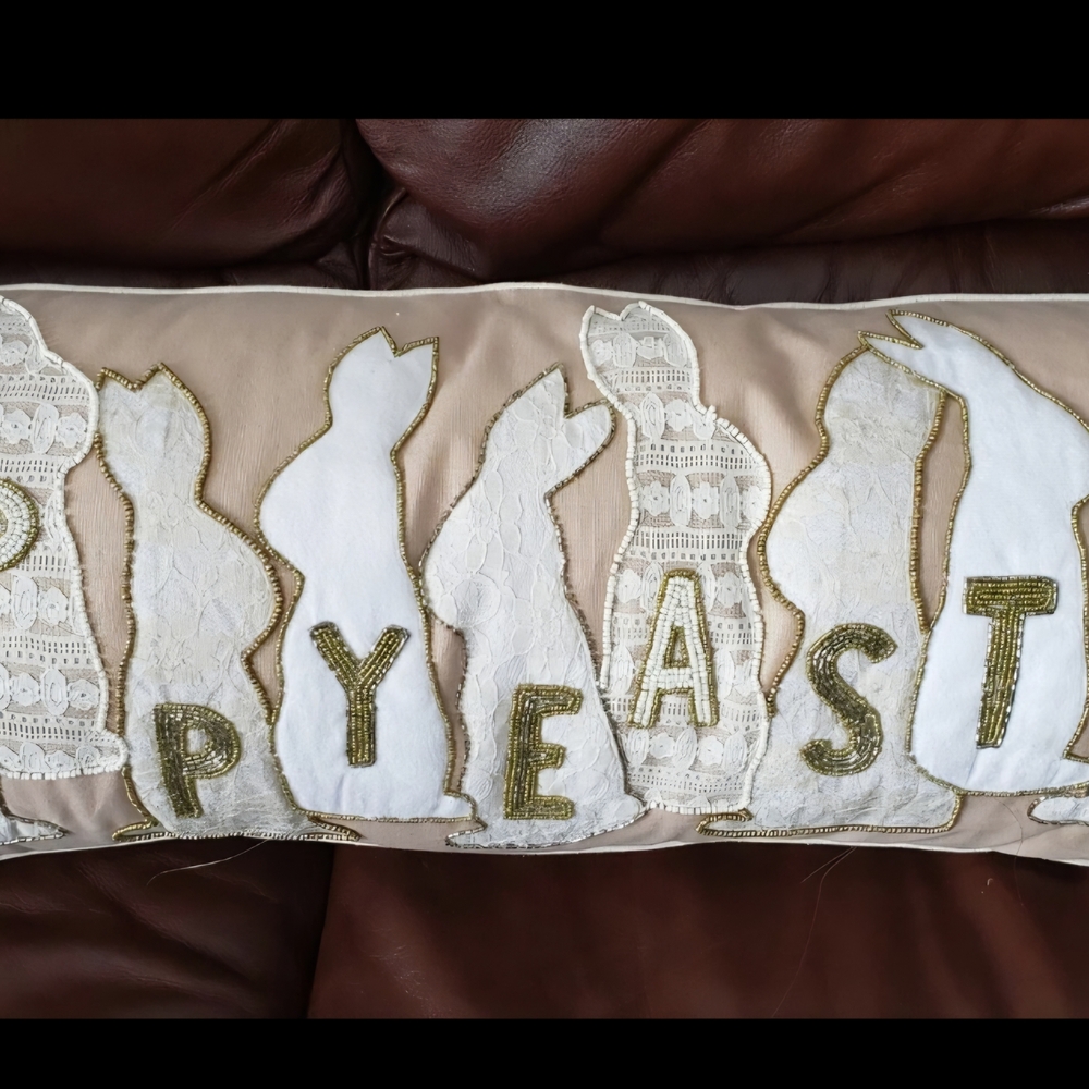 New Long Decorative Easter Pillow Decor with Bunny Design Beads Sequins
